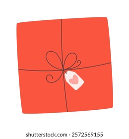 Gift box with heart tag. Love, dating, romantic, wedding present. Happy Valentines day. Vector illustration in flat style