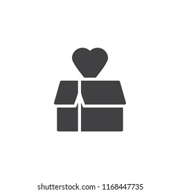 Gift box with heart vector icon. filled flat sign for mobile concept and web design. Heart donation parcel simple solid icon. Symbol, logo illustration. Pixel perfect vector graphics