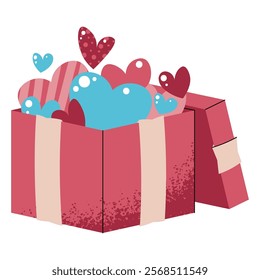 Gift box with hearts in flat cartoon style. Holiday present with hearts flying out on white background. Vector illustration for Valentine's day for cards, stickers, banners, etc.