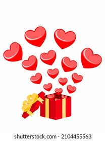 Gift box with hearts flying out of the box. Isometric box with flying elements on a white background. Vector symbol of love, for Happy Women's, Mother, Valentine's Day, birthday card.