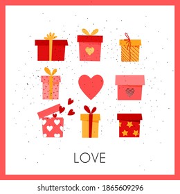Gift box with hearts. Greeting romantic card for lovers. Valentines day card with gifts in flat style. Vector stock illustration