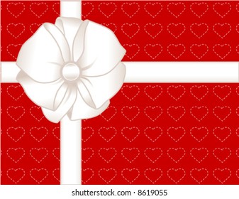 Gift Box, Hearts on Valentine Red background, big white bow, ribbon, copy space. EPS8 includes heart pattern swatch that will seamlessly fill any shape.