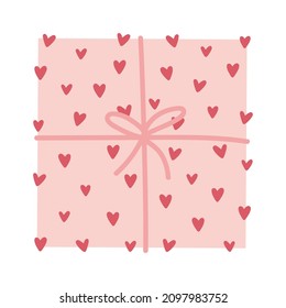 Gift box with hearts, ribbon and bow top view. Happy Valentine's Day. I love you. Vector flat design.