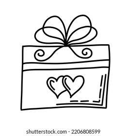 Caja de regalo con corazones y cinta y arco aislado en blanco. Mano dibujada al estilo doodle.