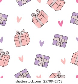 Gift box and hearts seamless pattern. Valentines day and love. Use for prints, textiles, fabric, wallpaper, stationery, nursery, wrapping paper, etc.
