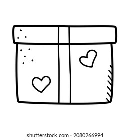 Caja de regalo con corazones, ilustración del doodle vector. Una caja festiva para una boda, Día de San Valentín.