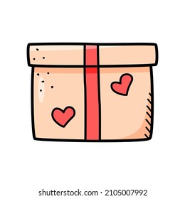 Gift box with hearts, vector doodle illustration. A festive box for a wedding, Valentine's Day.