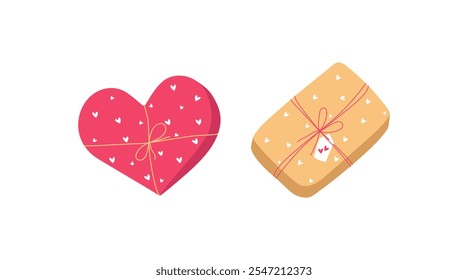 Regalo, caja de regalo, corazones. Ilustración vectorial sobre fondo aislado. Día de San Valentín, boda, cumpleaños. Regalos románticos, decoración de vacaciones. Ilustración plana. Fondo aislado.