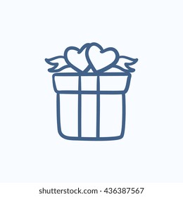 Caja de regalo con el icono de esbozo vectorial de corazones aislado en el fondo. Caja de regalo dibujada a mano con icono de corazones. Caja de regalo con el icono de boceto de corazones para infografía, sitio web o aplicación.