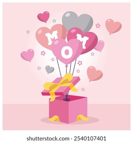 Gift box with heart-shaped balloons. A special gift for Mother's Day. Mother's Day concept. Flat vector illustration.