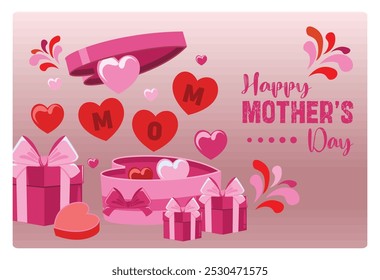 Gift box with heart-shaped balloons. Symbol of love for Mother's Day. Mother's Day concept. Flat vector illustration.
