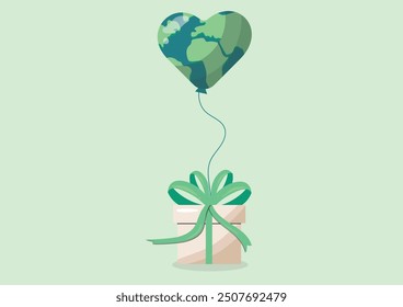 Gift Box with Heart-Shaped Earth Balloon, Eco-Friendly Present Illustration. Eco-friendly gift. Earth ballon. Love planet. Sustainability gift. Vector illustration	