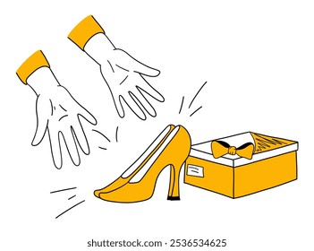 Gift box with high heel shoes. Seller presents with hands new shoe model. Happy purchase of perfect pair of womens shoes. Shopping cartoon flat hand drawing isolated vector illustration