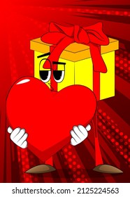 Gift Box with holding a big red heart as a cartoon character. Holiday, Celebration surprise with happy face emotion. 