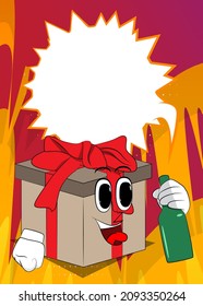 Gift Box with holding a bottle as a cartoon character. Holiday, Celebration surprise with happy face emotion.