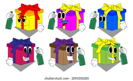 Gift Box with holding a bottle as a cartoon character. Holiday, Celebration surprise with happy face emotion.
