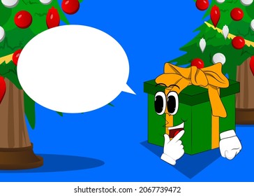 Gift Box with holding finger front of his mouth as a cartoon character. Holiday, Celebration surprise with happy face emotion.