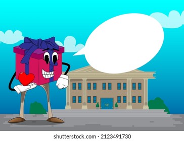 Gift Box with holding red heart in his hand as a cartoon character. Holiday, Celebration surprise with happy face emotion. 
