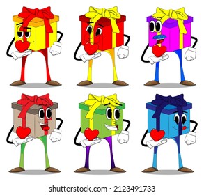 Gift Box with holding red heart in his hand as a cartoon character. Holiday, Celebration surprise with happy face emotion. 