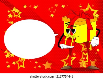 Gift Box with holding small gift box as a cartoon character. Holiday, Celebration surprise with happy face emotion.