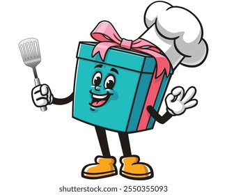 Gift Box holding a spatula and wearing a chef's hat,  Cartoon Mascot Illustration Character Vector Clip-art Hand-drawn Logo Design