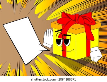 Gift Box with holds hand at his ear, listening as a cartoon character. Holiday, Celebration surprise with happy face emotion.