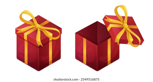 Caja de regalo para vacaciones, celebración y oferta especial de ventas. Conjunto de caja de regalo roja abierta y cerrada con lazo de cinta de seda amarilla. Navidades o caja de regalo de cumpleaños con lazo de cinta de seda aislado.