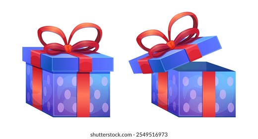 Gift box for holiday, celebration and special sales offer. Set of open and closed blue gift box with red silk ribbon bow. Christmas or birthday gift box with silk ribbon bow isolated.