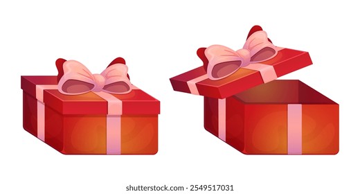 Caja de regalo para vacaciones, celebración y oferta especial de ventas. Conjunto de caja de regalo roja abierta y cerrada con lazo de cinta de seda rosa. Navidades o caja de regalo de cumpleaños con lazo de cinta de seda aislado.