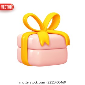 Gift box. Holiday decoration Square gift box with bow. Festive gift surprise. Decor present boxes. Realistic 3d design In plastic cartoon style. Icon isolated on white background. Vector illustration