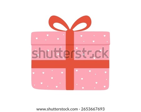 Gift box, holiday present in hearts paper wrapping with red ribbon bow. Birthday surprise wrapped in giftbox. Festive square present isolated on white background. Colored flat vector illustration