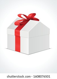 Gift box house with red ribbon. Package mockup. Vector 3d illustration isoalted on white background