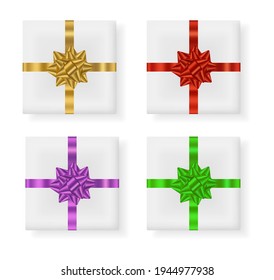 Icono de caja de regalo 3d con arco dorado y vista superior de cinta. Presente aislado sobre fondo blanco.