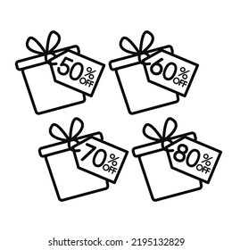 Gift box icon. 50%, 60% 70% and 80% sale gift box tag sign icon. Discount symbol. Special offer label. Colored flat icons on white background.