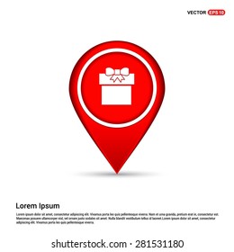 Gift Box Icon - abstract logo type icon - white icon in map pin point showing Gift Shop Location concept red background. Vector illustration