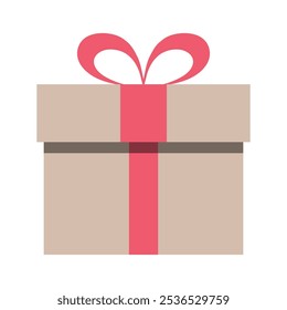 Icono de caja de regalo. Caja de regalo beige con un lazo de cinta rosa sobre un fondo blanco. Estilo plano. Ilustración vectorial.