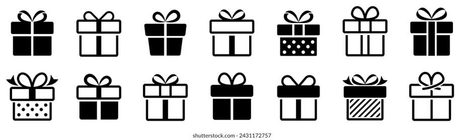 Conjunto grande del icono de la caja de regalo. Icono de regalo de Navidad. Colección de cajas de regalo sorpresa. Vector de stock