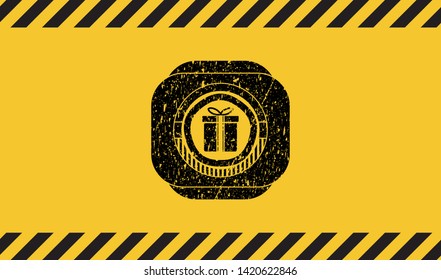 gift box icon black grunge emblem, yellow warning sign. Vector Illustration. Detailed.