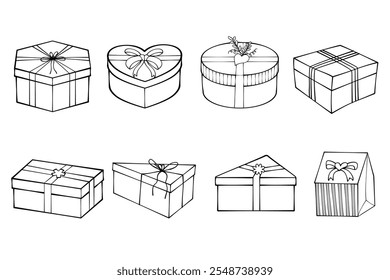 Gift box icon black outline collection. Vector Gifts and presents for holiday celebration and special sales offer. Birthday celebration, birthday or anniversary box with wrapping paper and ribbon bow