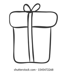 Gift with box icon. Gift box black and white doodle. Cute hand drawn giftbox. Vector line Illustration. Vector isolated on white background. Design element.