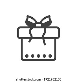 Gift box icon with bow and hanging threads. A simple image of a closed box. A row of holes at the bottom of the box. Isolated vector on a pure white background.