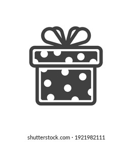 Gift box icon with bow. A simple image of a closed box. Dark polka dot texture. Isolated vector on a pure white background.