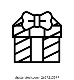 Gift Box Icon with Bow and Striped Decoration, Black and White Illustration