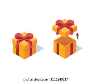Gift box icon close and open. Flat isometric vector illustration isolated on white background.