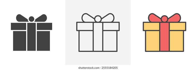 Gift box icon collection in black and colored style.