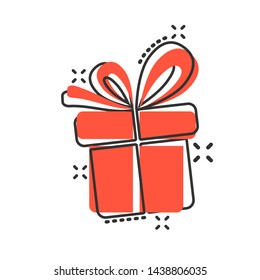 Gift box icon in comic style. Present package vector cartoon illustration on white isolated background. Surprise business concept splash effect.