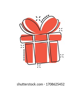 Gift box icon in comic style. Present package cartoon vector illustration on white isolated background. Surprise splash effect business concept.