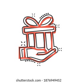 Gift box icon in comic style. Present on hand cartoon vector illustration on white isolated background. Surprise splash effect business concept.
