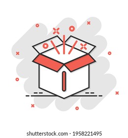 Gift box icon in comic style. Magic case vector cartoon illustration on white isolated background. Present business concept splash effect.