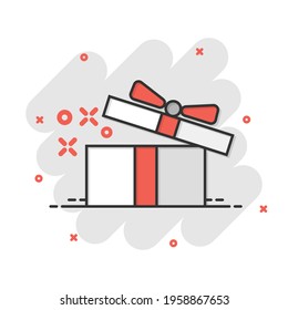 Gift box icon in comic style. Magic case vector cartoon illustration on white isolated background. Present business concept splash effect.